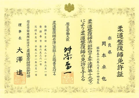 柔道整復師免許証